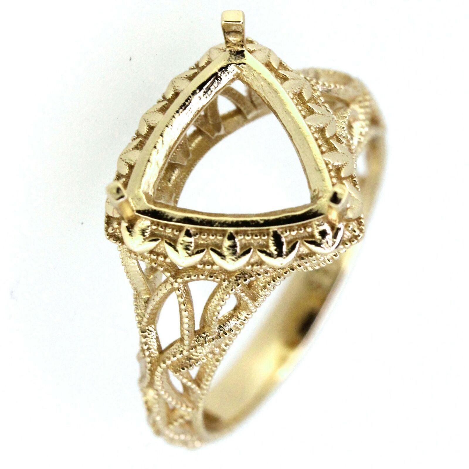 Art Deco Style 14K Yellow Gold Semi Mount Ring Setting Trillion Tri 10x10mm