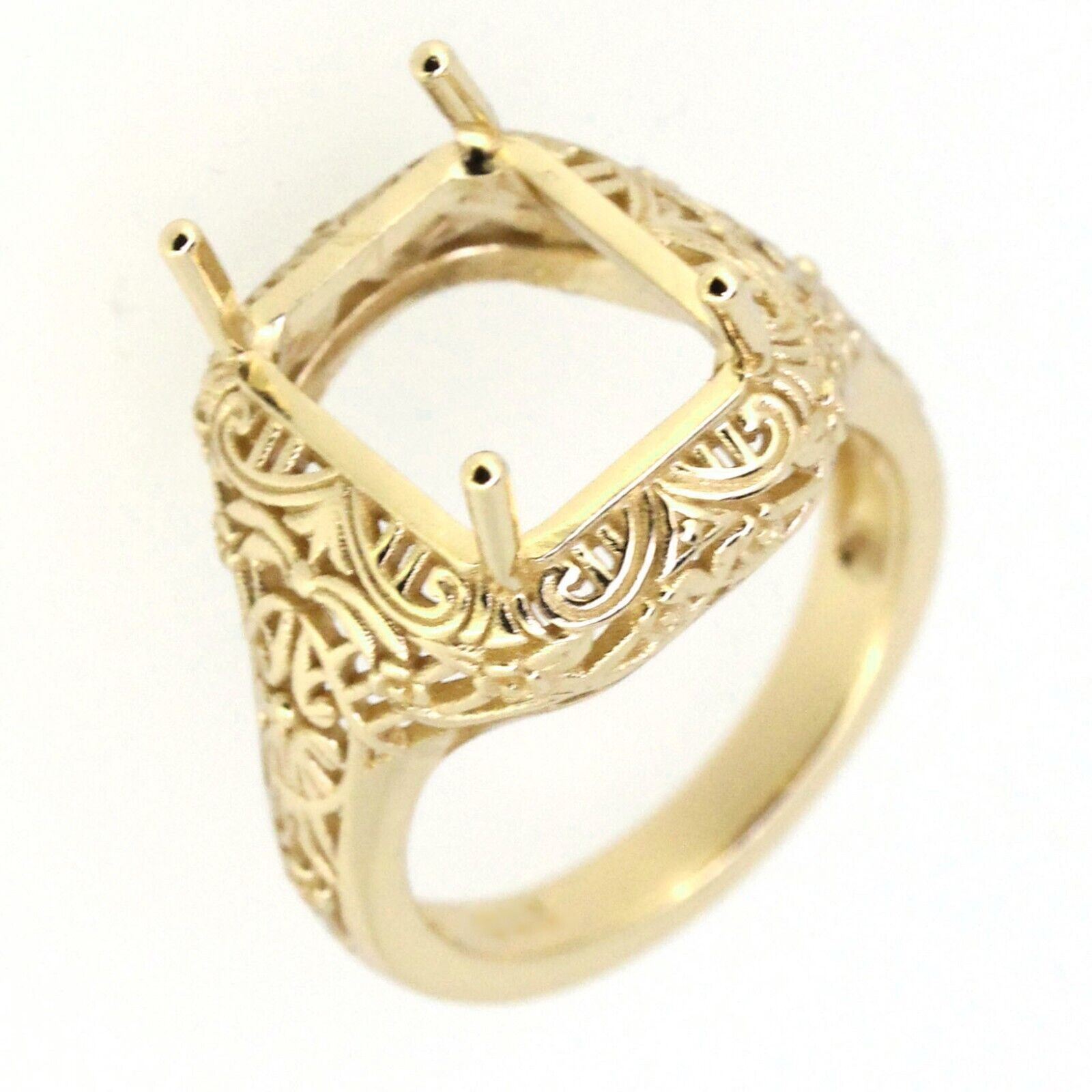 Art Deco Style 14K Yellow Gold Semi Mount Ring Setting Emerald OCT 14x10mm