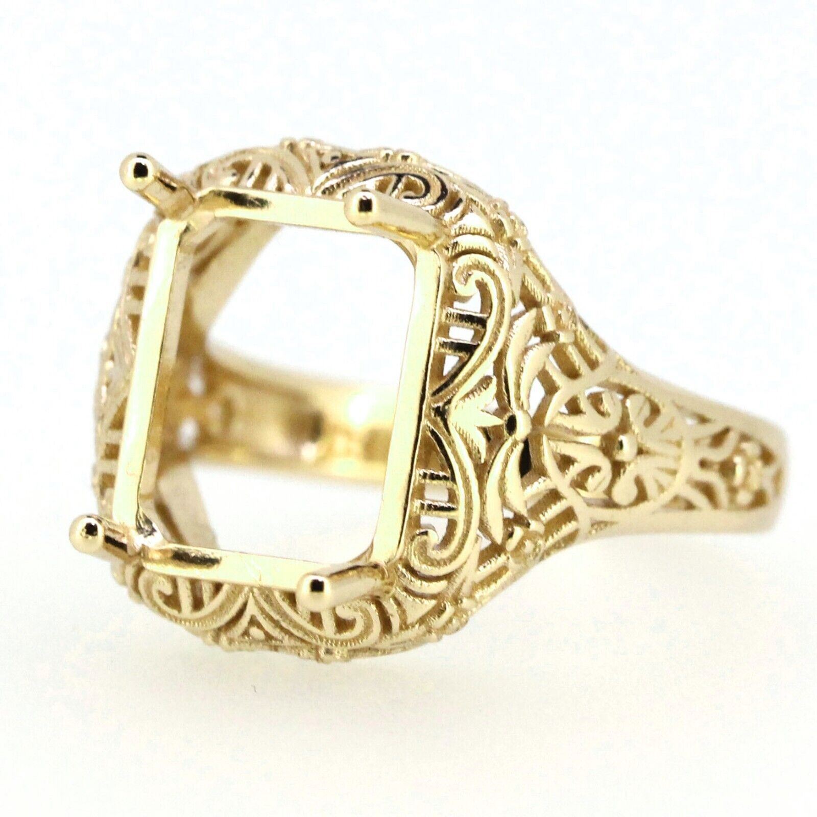 Art Deco Style 14K Yellow Gold Semi Mount Ring Setting Emerald OCT 14x10mm