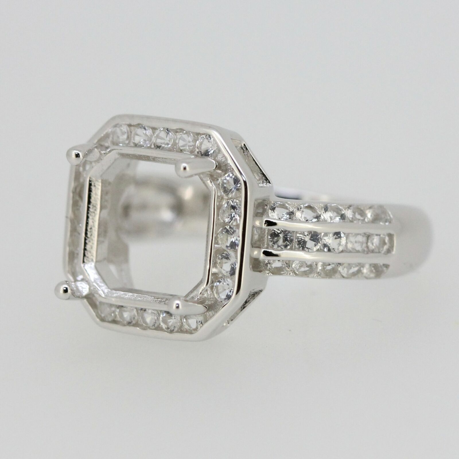 Sterling Silver Semi Mount Ring Setting Asscher  10x10mm Halo W/ White