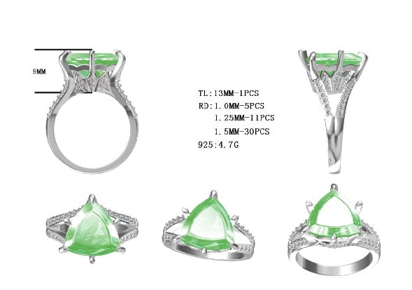 Sterling Silver Semi Mount Ring Setting Trillion TL 13X13mm