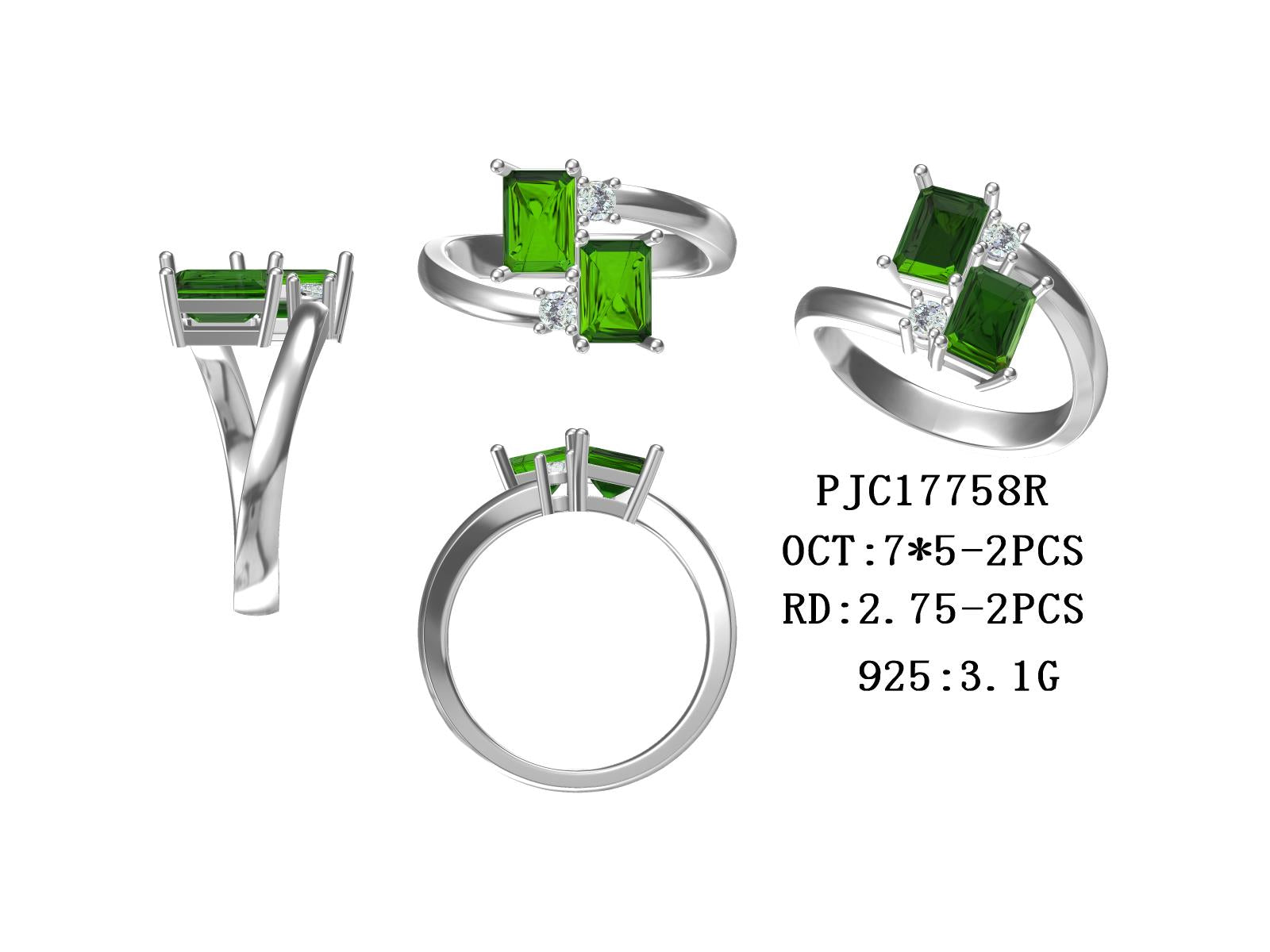 Halbgefasster Ring aus Sterlingsilber mit Smaragd-OCT-Fassung, 7 x 5 mm 